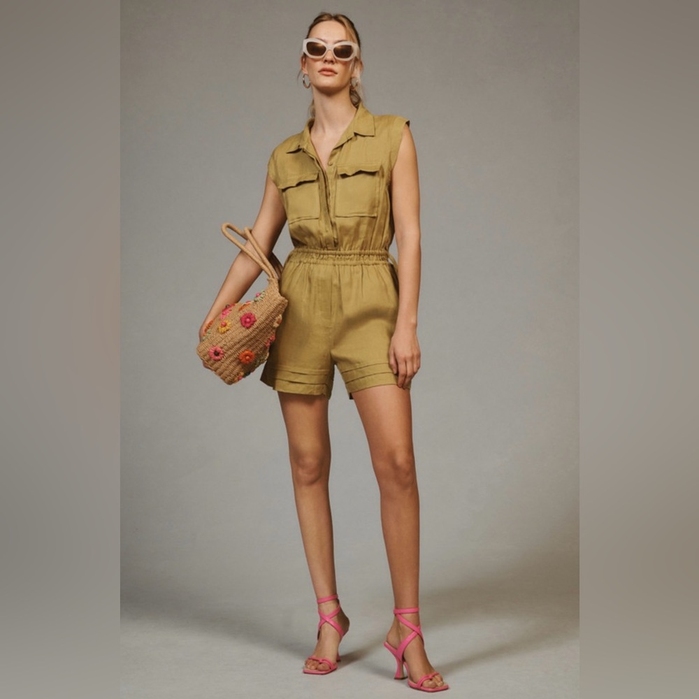 Møn Renn x Anthropologie Lela Linen Sleeveless Utility Romper Green Size Small